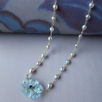 K18   Blue Topaz ・Pearl　Ｆｌｏｗｅｒ　Ｎｅｃｋｌａｃｅの画像