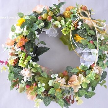 green & orange sweet　pea：wreathの画像