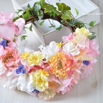 flower bag wreath 2：sweet pea & ranunculusの画像