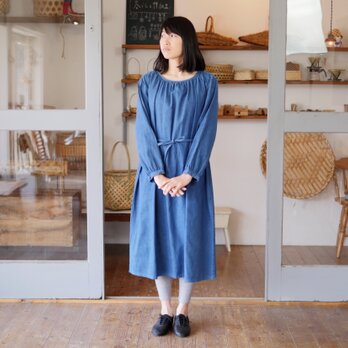 エシカルヘンプギャザードレス 正藍染め藍色