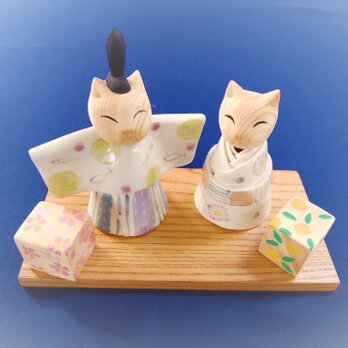 ネコ雛人形　大　木彫り(頭)陶器(体)　の画像