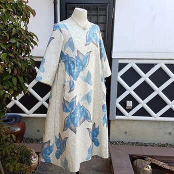 着物リメイク　古布手作り　大島　春色ワンピース　絹100%の画像