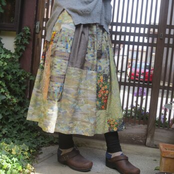 着物リメイク☆明るい陽射しに映える紬パッチでお出かけスカート丈80㎝の画像