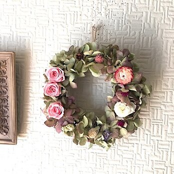 ピンクローズのリース　母の日プレゼント　花　プリザーブドフラワーの画像