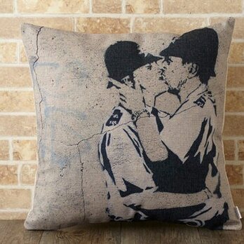 クッションカバー 45×45cm Banksy アート 天然リネン コップキス jubileecushionba018の画像