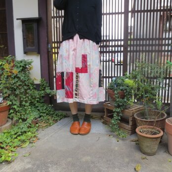 紬と銘仙パッチでリメイクスカート☆水玉もキュートな73㎝丈の画像