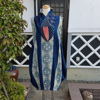 　着物リメイク　古布手作り　型染め　ジャンパースカート(ストール付き)の画像