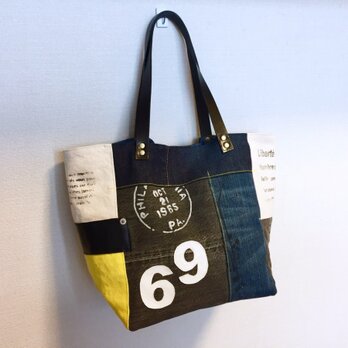 新作☆デニム&倉敷８号帆布トートバッグ Mサイズ 黄色と黒革６９の画像