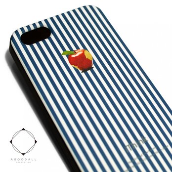 iphone5/iphone5s用/iphoneSE　軽量レザーケース（ブルーストライプ×ブラック）ロンドンストライプ　赤リンゴの画像
