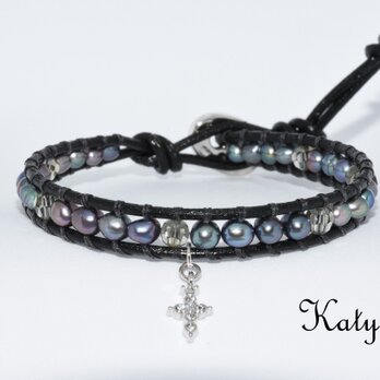 ブラック淡水パールのラップブレスレット 736