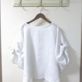 ネイビードットリネン100％　お袖リボンポンチョチュニック　ブラウス　フリー