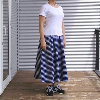 播州織コットン＊たっぷりギャザーのロングスカート（青×白ウィンドウペンチェック）の画像