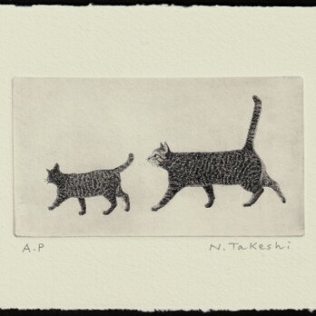 お散歩・二匹の猫/ 銅版画 (作品のみ）の画像