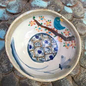 再出品・花の樹と青い鳥の御飯茶碗の画像