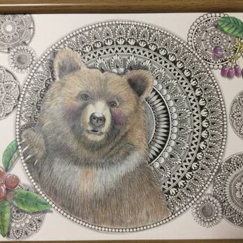 原画 肉筆 一点もの ボールペンアート 熊 「みんなの力」 額装付き 百貨店作家 人気 ボールペン画 絵画　クマの絵　熊の絵の画像