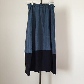 バイカラーのブルー系リネンのバルーンスカート　M～Lの画像