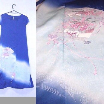 Sold Out着物リメイク♪ロイヤルブルー幻想的な扇模様が素敵な訪問着フレンチスリーブワンピースの画像