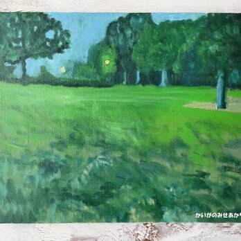 原画「夕方の夏ぐもりの空の下の公園」F8・油彩画の画像