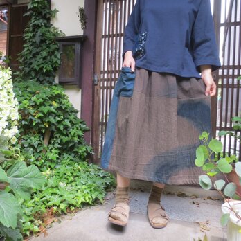 木綿リメイクスカート☆着やすい気持ちいい楽しい染め布スカート80㎝丈の画像