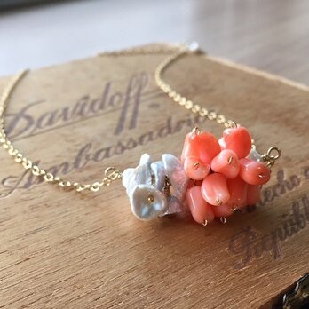 Vintage lucite coral beads × keshi pearls 14KGFネックレス　<a016-ncl>の画像