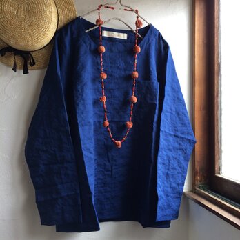 エアリーコットン ポケット付きプルオーバーブラウス ネイビーブルー