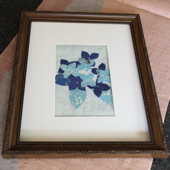 　ヴィンテージ着物　小さな布絵　淡い淡いあいの世界　藍の型染　紫陽花と淡い藍の２面の画像