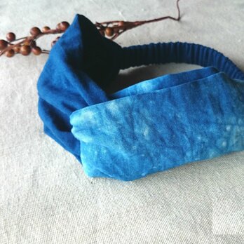 ハーフリネン藍むら染めクロスヘアターバン/ヘアバンド/綿麻/藍染め