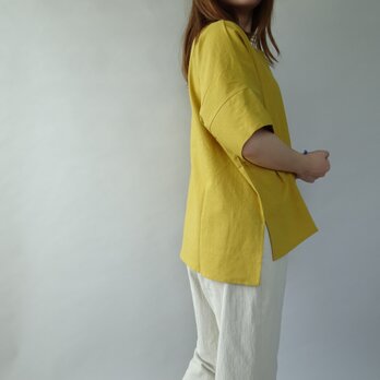 タンブラーワッシャー加工ハーフリネン５分袖プルオーバー＜マスタードイエロー＞