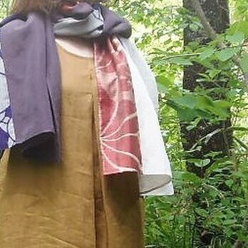 銘仙と播州織のストール「羽衣」No.2（ベージュ×紫）麻　リネン　コットンの画像
