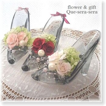NO120　アーティフィシャルフラワー　ギフト　ハイヒールアレンジ　ガラスの靴（ソフトピンク）　結婚祝い　受付　誕生日　送料無料の画像