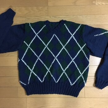 手編み☆紺×グリーンに白のラインが入ったアーガイルセーターの画像