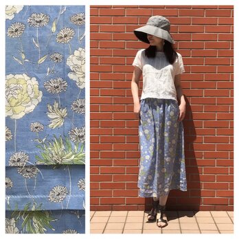 ■すっきりAラインスカート（85cm丈）：空色と花：ペチコート付きの画像