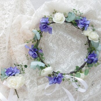 花冠　ウエディング・ヘッドドレス　　ブルーグラデーションの花冠＆ブートニアセット　ｋ－１の画像