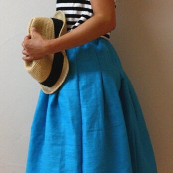 リネン　ターコイズブルー　タックボックススカートの画像