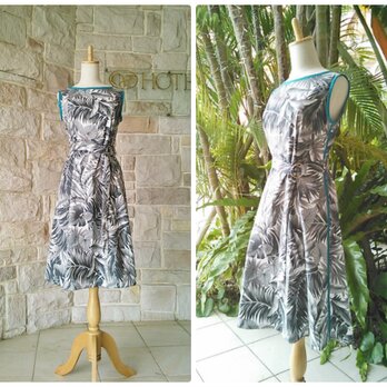 (M)フレンチ シック 南国 ボタニカル バナナ・モンステラ リーフ クラシカル ドレス ワンピースの画像