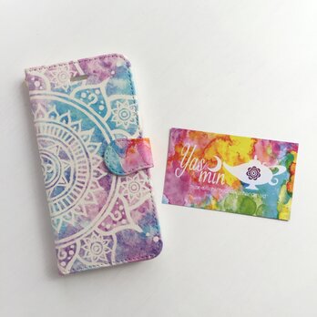 【春・夏】モロッコ風手描き曼荼羅模様 ピンクとブルーのiPhone/Androidケース(留め具pink)の画像