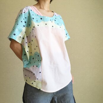 フレンチスリーブのゆるTシャツ010(ピンク×グリーン系)の画像