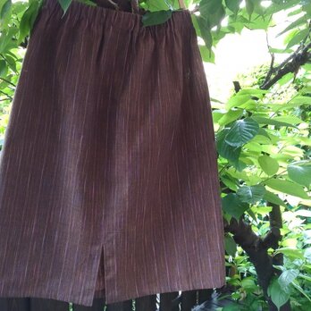 遠州綿紬（反物）茶色に七色のストライプ　素敵にデイリースカートの画像
