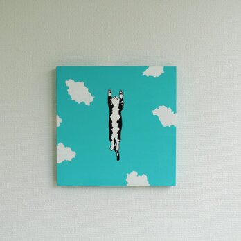 「空中遊泳」　ジャンプするネコのイラスト原画パネルの画像