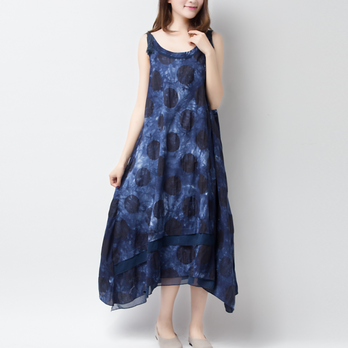 コットン ムラ染ドットプリント涼しげノースリーブワンピース ♪Blue♪