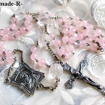 ■受注制作■伝統の手編み　ロザリオ　ピンク　マリア　聖母子　水晶薔薇の画像