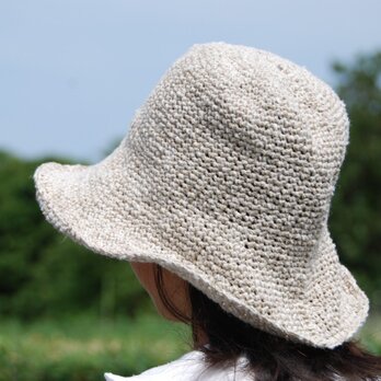 再販　手紡ぎコットンと麻糸のニット帽子の画像
