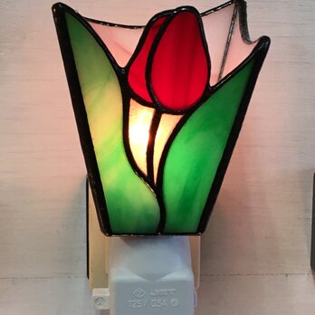 「おやすみランプ・チューリップ・赤色」ステンドグラス・照明・春・フットランプの画像