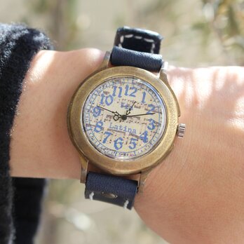 手作り腕時計　Via Latina(レトロ楽譜文字盤 & blue)の画像