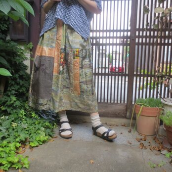 着物リメイク☆紬の優しい色合いでパッチスカート大人女子のお出かけに♪７９㎝丈の画像