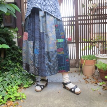 着物リメイク☆夏のお出かけ着に紬パッチのスカートで大人のおしゃれ79㎝丈の画像