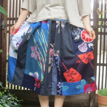 着物リメイク☆古浴衣の優しい布でパッチスカート♪懐かしくてモダン７５㎝丈の画像
