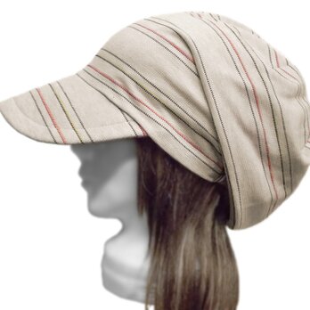 つば広ルーズキャスケット◆綿麻ボーダー ジャガード織ニット／ベージュ系　◇紫外線対策・ゆったりサイズ・小顔効果・オールシーズン◇