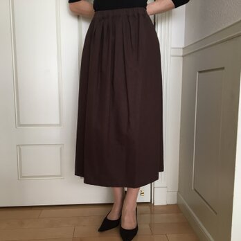 SALE裏地付き茶色コットンリネンロングスカート（お揃い柄シュシュ付き）の画像