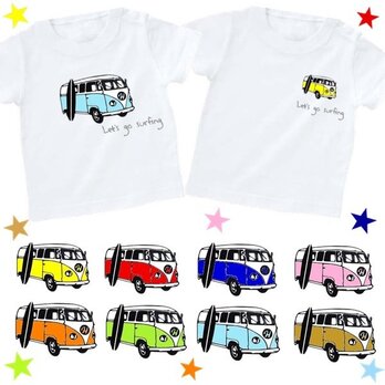 Let's go surfingカラフルバスＴシャツ★イニシャル＆数字入れられます★７０～大人サイズまでの画像